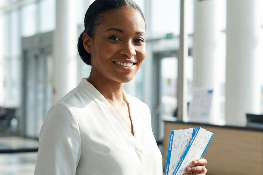 AFT_1080x720_Section 3-2_V05_AfricaFastTrack Airport VIP Travel Agent and Flight Booker Smiling traveler holding boarding pass inside airport terminal representing Africa FastTrack VIP meet and assist fast track airport service in Africa.