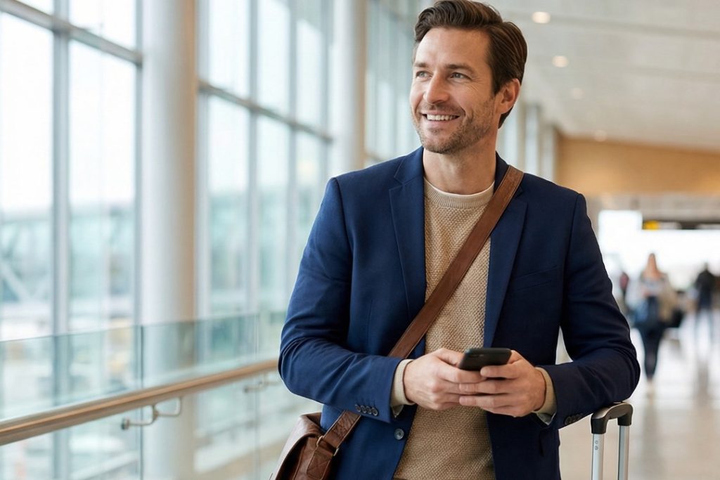 AFT_1080x720_Section 3-2_V06_AfricaFastTrack Airport VIP Frequent Traveler Relaxed business frequent traveler using smartphone with luggage in airport terminal representing Africa FastTrack VIP meet and assist fast track service in Africa.