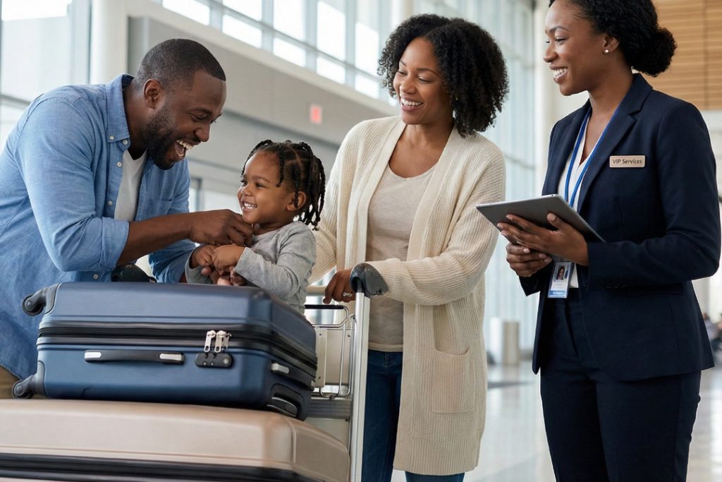 AFT_1080x720_Section 3-2_V07_AfricaFastTrack Airport VIP Family and Group Travellers Family with child receiving VIP meet and assist service from airport concierge with luggage at African airport fast track service area.