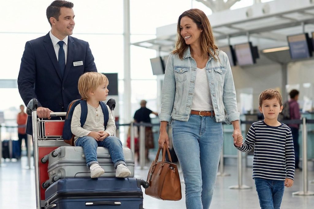 AFT_1080x720_Section 3-2_V10_AfricaFastTrack Airport VIP Single Mom with Kids Help Family with children walking through airport with luggage assisted by VIP concierge staff using fast track meet and assist service in African airport.