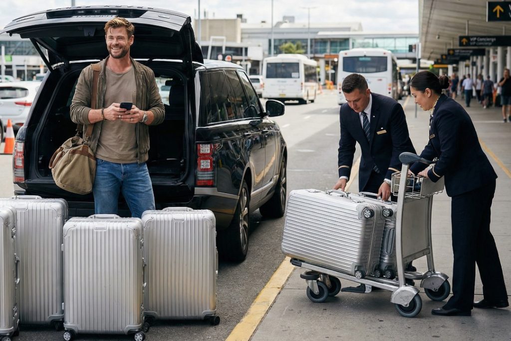 AFT_1080x720_Section 3-2_V11_AfricaFastTrack Airport VIP Assistance for Celebrities and Superstars VIP airport concierge staff assisting celebrity VIP traveler with luggage at curbside drop-off using fast track meet and assist service at African airport.