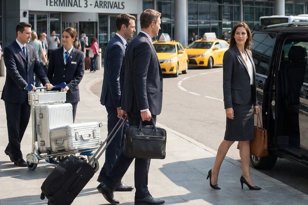 AFT_1080x720_Section 3-2_V12_AfricaFastTrack Airport VIP Assistance for Group of Executives VIP airport concierge staff assisting business travelers with luggage at arrivals terminal using meet and assist fast track service in African airport.