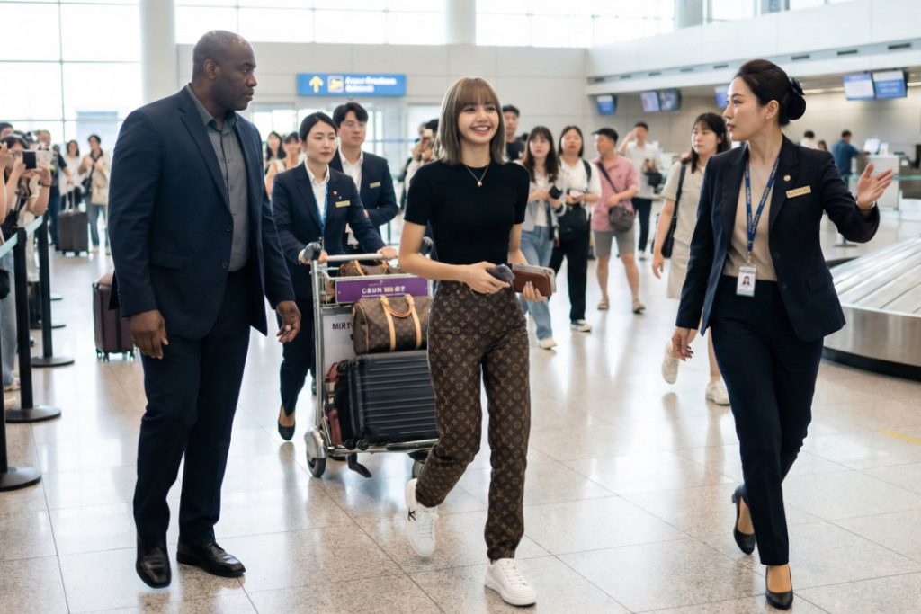 AFT_1080x720_Section 3-2_V13_AfricaFastTrack Airport VIP Assistance for Superstar Lisa Manoban VIP airport concierge escorting high profile celebrity traveler with security and luggage using fast track meet and assist service in African airport terminal.