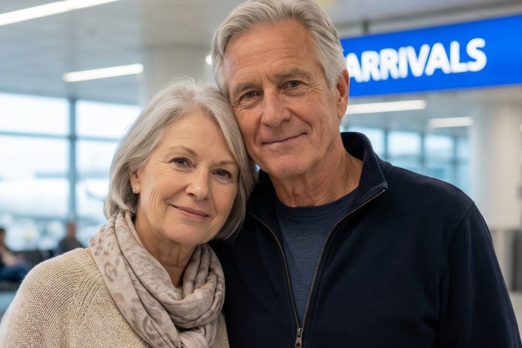 AFT_1080x720_Section 3-2_V14_AfricaFastTrack Airport VIP Assistance for Senior Travelers Senior couple smiling at airport arrivals area representing VIP meet and assist fast track service for elderly travelers at African airports.