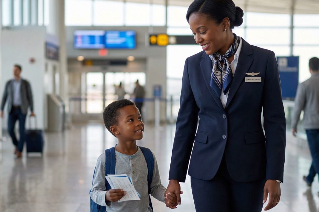 AFT_1080x720_Section 3-2_V15_AfricaFastTrack Airport VIP Meet and Assist for Children Airport VIP concierge assisting child traveler with boarding pass using meet and assist fast track service at African airport terminal.