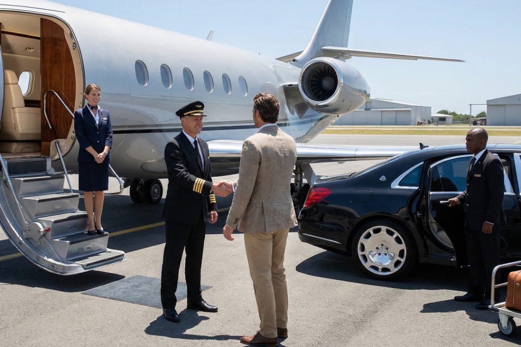 AFT_1080x720_Section 3-2_V17_AfricaFastTrack Airport Elite VIP Meet and Assist for Private Jet Wealthy Traveler Private jet passenger greeted by pilot and VIP concierge with luxury car transfer representing Africa FastTrack Elite VIP meet and assist fast track service for private aviation travelers in Africa.