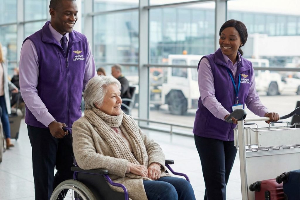 AFT_1080x720_Section 3-2_V19_AfricaFastTrack Airport VIP Wheelchair Assistance for Mobility Elderly passenger in wheelchair assisted by airport staff during connection with VIP meet and assist fast track service by Africa FastTrack at African airport.