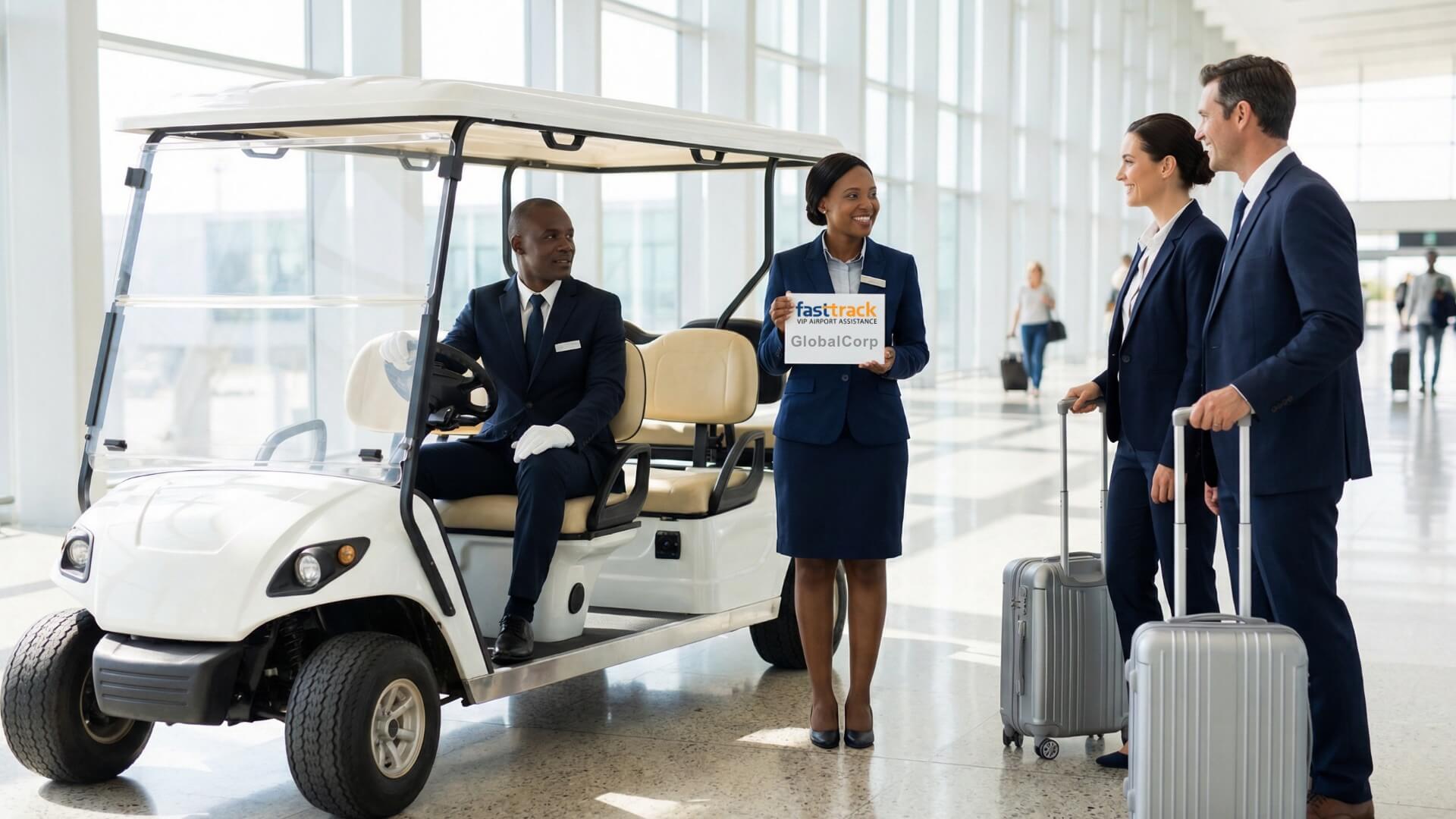 Africa FastTrack VIP airport meet and assist greeter welcoming business travelers with personalized sign and electric buggy transfer service, showcasing Elite and Executive VIP fast track airport concierge assistance at an African airport terminal.
