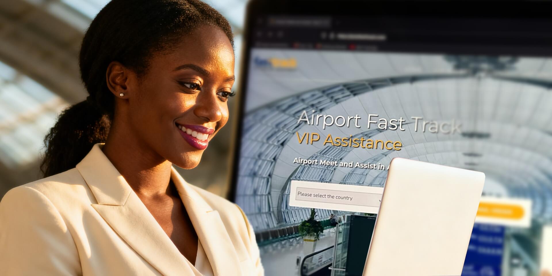 Woman booking Africa FastTrack VIP airport meet and assist fast track service online on laptop for seamless airport concierge experience in Africa.
