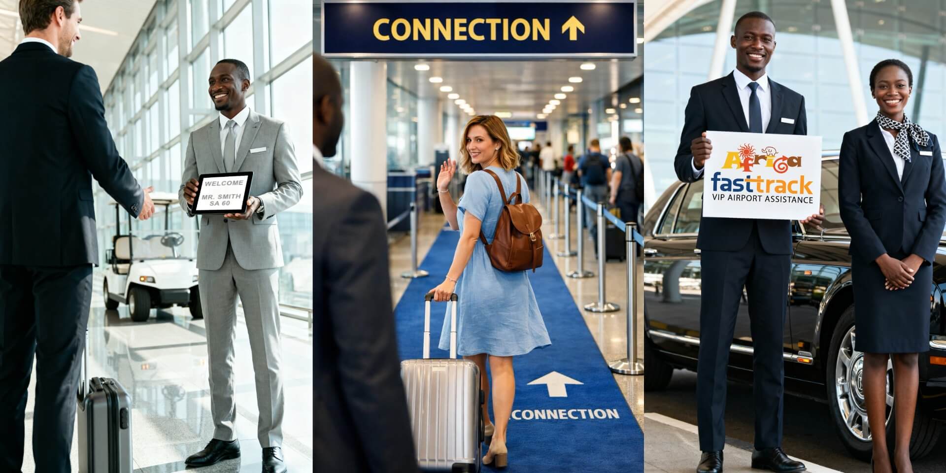 Africa FastTrack VIP airport meet and assist services showing arrival greeting, connection assistance, and VIP concierge welcome and departure at African international airport terminals.