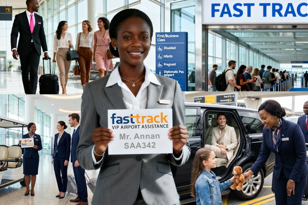 Professional African airport VIP meet and assist agent holding Fast Track sign for arriving passenger at modern international airport terminal, with business travelers, priority security lane, and private luxury transfer service scenes representing arrival, departure, and connection assistance.