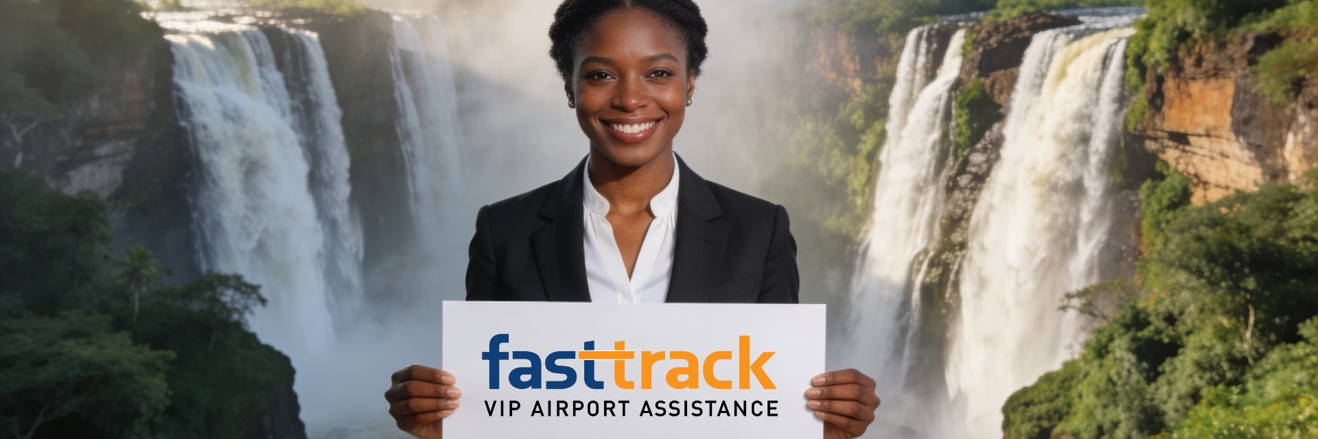 Fasttrack VIP Airport Assistance meet and greet agent holding welcome sign in front of Angola’s Kalandula Falls landscape, representing premium airport fast track service, VIP airport meet and assist, and personalized airport concierge support for travelers arriving in Angola.