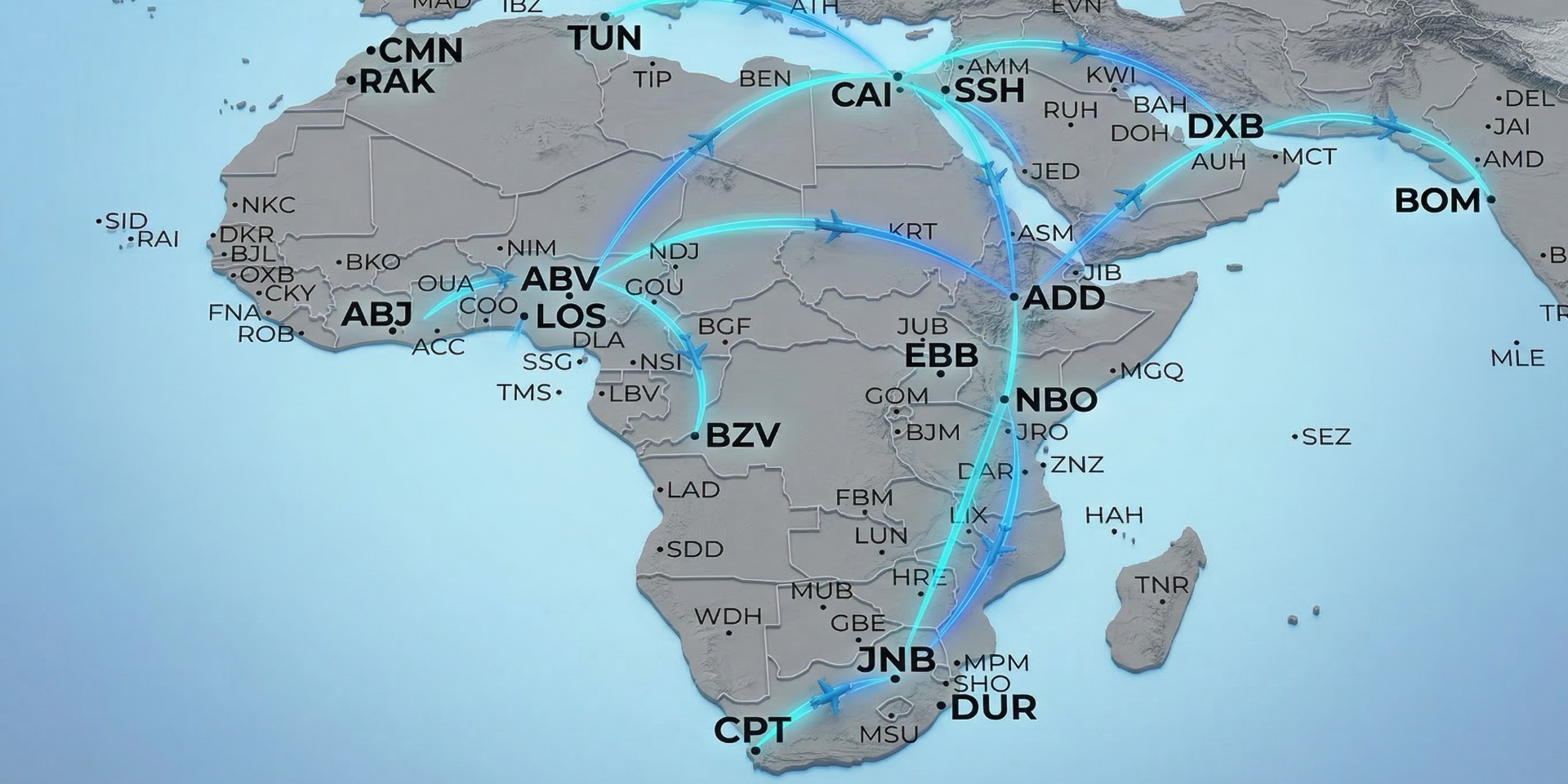 Map of Africa showing major international airports and flight routes representing Africa FastTrack VIP meet and assist fast track airport services coverage across African airports.