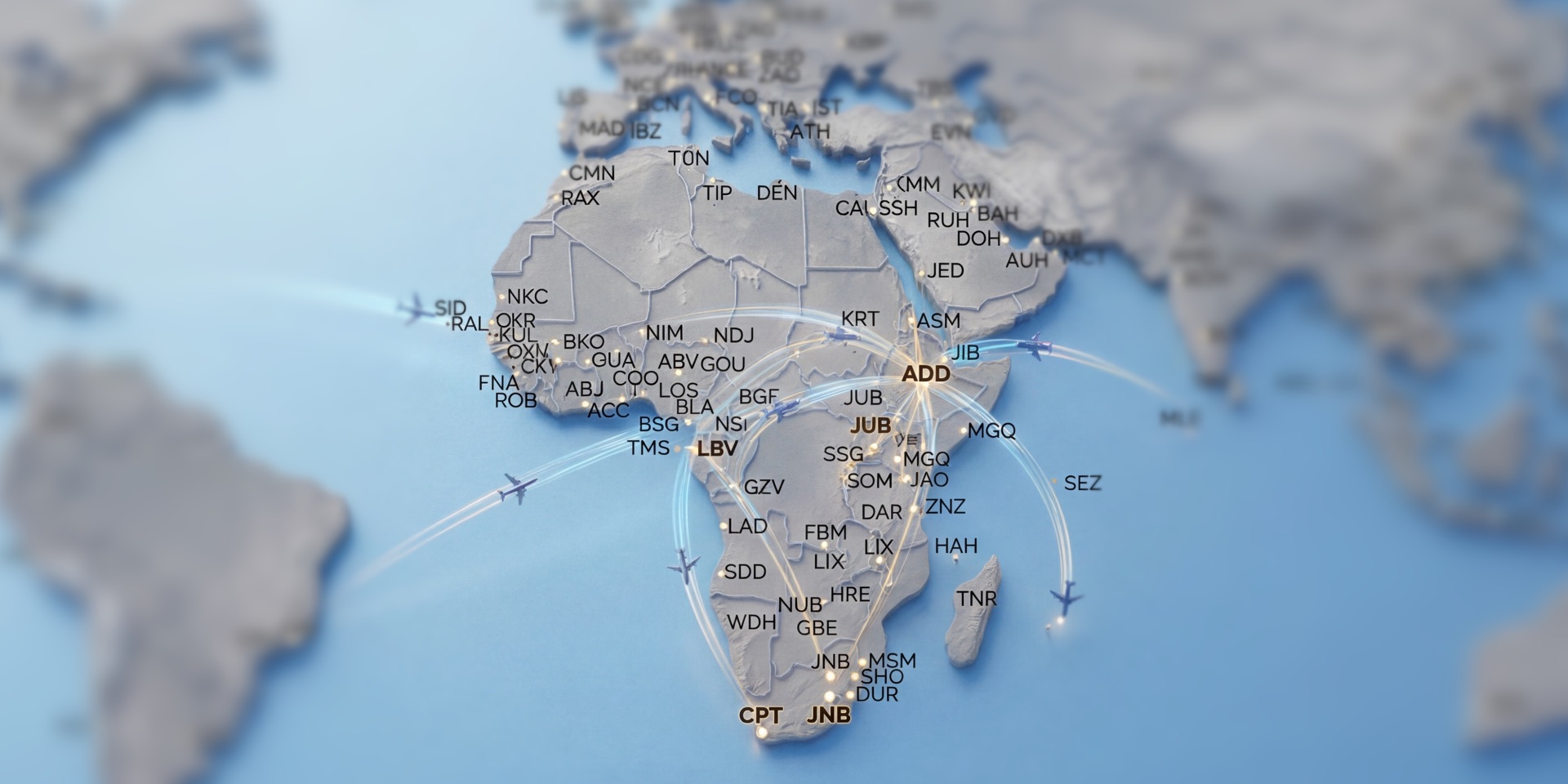 Map of Africa showing major international airports and flight routes representing Africa FastTrack VIP meet and assist fast track airport services coverage across African airports.